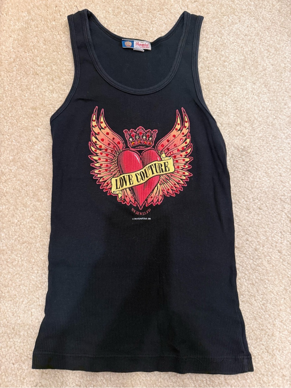 Vintage Black Tank with Red and Yellow Heart Wing Graphic